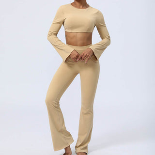 Buddha Gift Long Sleeve Backless Strap Top Bra Flare Pants Fitness Yoga Outfit
