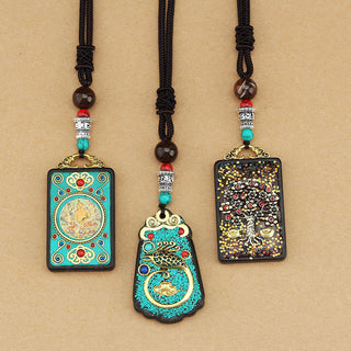 Buddha Gift Tibet God Of Wealth Money Tree Golden Phoenix Thangka Ebony Peace Necklace Pendant