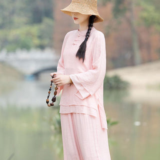 Buddha Gift 2Pcs Plain Design Top Pants Meditation Yoga Zen Tai Chi Cotton Linen Clothing Women's Set