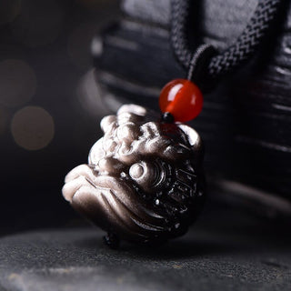 Buddha Gift Natural Silver Sheen Obsidian Dancing Lion Protection Necklace Pendant