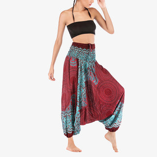 Buddha Gift Two Style Wear Round Geometric Pattern Loose Smocked Harem Trousers Jumpsuit High Waist Women's Yoga Pants