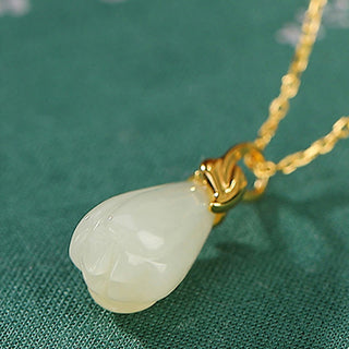 Buddha Gift 925 Sterling Silver Plated Gold Natural Hetian Jade Magnolia Flower Abundance Necklace Pendant