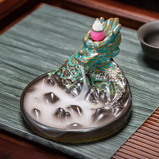 Buddha Gift Dragon Pattern Ceramic Backflow Smoke Fountain Incense Burner Decoration