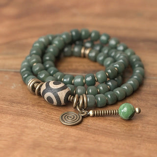 Buddha Gift Cyan Bodhi Seed Dzi Bead Wisdom Peace Triple Wrap Bracelet