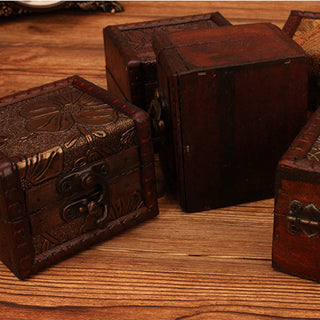 Buddha Gift Retro Small Square Wood Jewelry Box Lotus Grass Flower Grape Copper Coin Daffodil Jewelry Storage Box