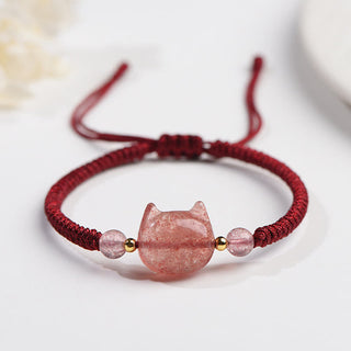 Buddha Gift Handmade Natural Silver Sheen Obsidian Strawberry Quartz Cute Cat Protection Braided Bracelet
