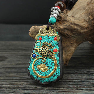 Buddha Gift Tibet God Of Wealth Money Tree Golden Phoenix Thangka Ebony Peace Necklace Pendant