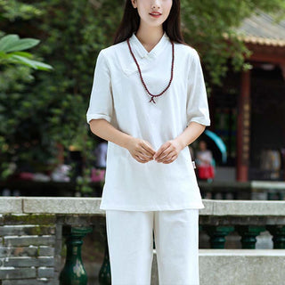 Buddha Gift 2Pcs Half Sleeve V-Neck Shirt Top Pants Meditation Zen Tai Chi Linen Clothing Women's Set