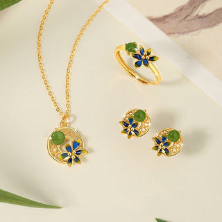 Buddha Gift 925 Sterling Silver Natural Hetian Cyan Jade Flower Luck Necklace Pendant Ring Earrings Set