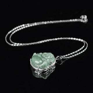 Buddha Gift 925 Sterling Silver Laughing Buddha Jade Abundance Necklace Chain Pendant