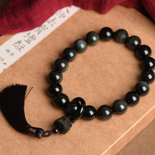 Buddha Gift Natural Black Obsidian Lion Wrist Mala Protection Tassels Pocket Mala Car Decoration