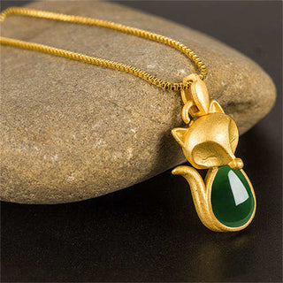 Buddha Gift Green Chalcedony Fox Pattern Courage Necklace Pendant