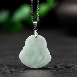 Buddha Gift 925 Sterling Silver Laughing Buddha Jade Blessing Necklace Chain Pendant