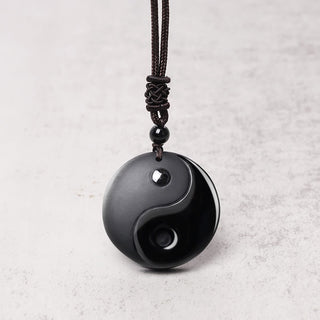 Buddha Gift Black Obsidian Taoism Five Sacred Mountains Nine-Character Mantra Carved Purification Yin Yang Necklace Pendant