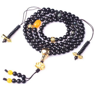 Buddha Gift 108 Beads Natural Black Obsidian Lotus Fulfilment Mala Bracelet