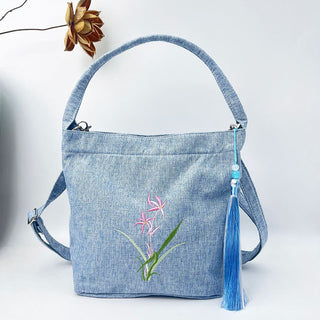 Buddha Gift Embroidery Wisteria Plum Lotus Cherry Blossom Cotton Linen Canvas Tote Crossbody Bag Shoulder Bag Handbag