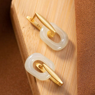 Buddha Gift 925 Sterling Silver Round White Jade Happiness Blessing Earrings