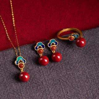 Buddha Gift 925 Sterling Silver Plated Gold Cinnabar Red Agate Blessing Necklace Pendant Earrings Ring Set