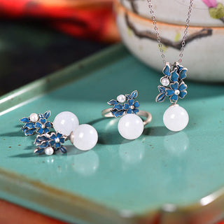 Buddha Gift White Jade 925 Sterling Silver Pearl Flower Blessing Necklace Pendant Ring Earrings