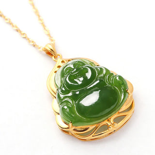 Buddha Gift 925 Sterling Silver Natural Hetian Cyan Jade Laughing Buddha 18K Gold Healing Necklace Chain Pendant