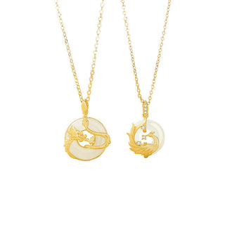 Buddha Gift 925 Sterling Silver Year of the Dragon Hetian Jade Golden Dragon Phoenix Peace Buckle Luck Necklace Pendant