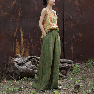 Buddha Gift Green Yellow Ramie Linen Flexible Waistband Wide Leg Pants With Pockets
