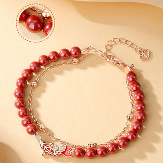 Buddha Gift 925 Sterling Silver Lucky Koi Fish Cinnabar Zircon Prosperity Double Layer Chain Bracelet