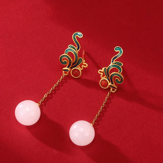 Buddha Gift Vintage White Jade Red Agate Bead Blessing Drop Dangle Earrings