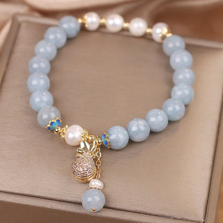 Buddha Gift Aquamarine Pearl Fortune Money Bag Charm Bracelet