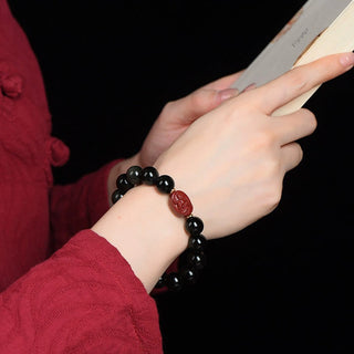 Buddha Gift Chinese Zodiac Natal Buddha Natural Black Obsidian Cinnabar Purification Bracelet
