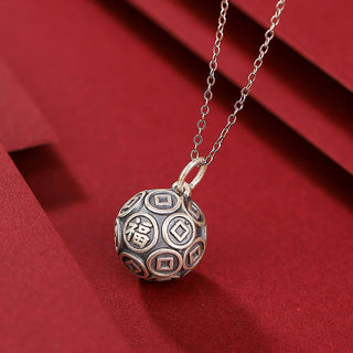 Buddha Gift 990 Sterling Silver Fu Character Copper Coin Luck Fortune Chain Necklace Pendant