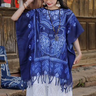 Buddha Gift Blue Tie Dye Koi Fish Shawl Tassels Soft Travel Pullover 90*95cm