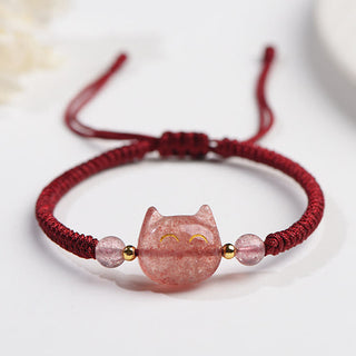 Buddha Gift Handmade Natural Silver Sheen Obsidian Strawberry Quartz Cute Cat Protection Braided Bracelet