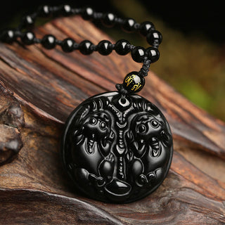 Buddha Gift Black Obsidian Double Pixiu Bead Rope Purification Necklace Pendant