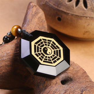 Buddha Gift Bagua Yin Yang Black Obsidian Purification Beaded Necklace Pendant