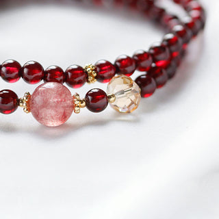 Buddha Gift 14K Gold Plated Natural Garnet Strawberry Quartz Stability Double Wrap Bracelet