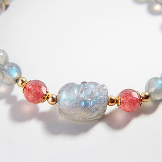 Buddha Gift Moonstone Strawberry Quartz PiXiu Healing Bracelet