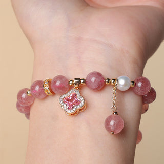 Buddha Gift Strawberry Quartz Pearl Four Leaf Clover Charm Healing Bracelet