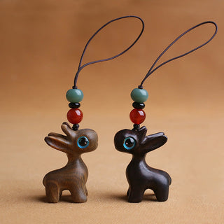 Buddha Gift Sandalwood Small Leaf Red Sandalwood Ebony Wood Green Sandalwood Lucky Mini Deer Carved Protection Key Chain Phone Hanging Decoration