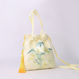Buddha Gift Lotus Peony Epiphyllum Phoenix Suzhou Embroidery Cotton Linen Tote Crossbody Bag Shoulder Bag Handbag
