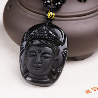 Buddha Gift Natural Black Obsidian Kwan Yin Avalokitesvara Strength String Necklace Pendant