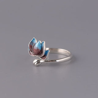 Buddha Gift 925 Sterling Silver Lotus Flower New Beginning Adjustable Ring