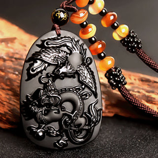 Buddha Gift Black Obsidian Tiger Eye Dragon Phoenix Protection Beaded Necklace Pendant