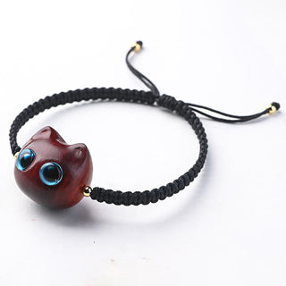 Buddha Gift Small Leaf Red Sandalwood Ebony Wood Cute Cat Head Calm Protection Braided Bracelet