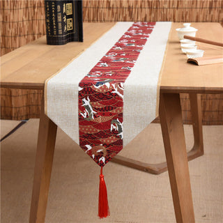 Buddha Gift Classic Chinese Style Lotus Koi Fish Flower Crane Calligraphy Enlightenment Cotton Linen Tassels Table Runner