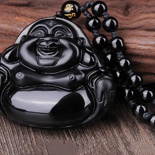 Buddha Gift Laughing Buddha Black Obsidian Transformation Pendant Necklace