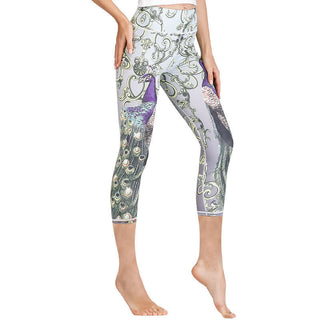 Buddha Gift Lotus Cherry Blossom Gradient Peacock Print Lycra Fabric Sports Cropped Leggings Women's Yoga Capri Pants