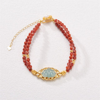 Buddha Gift 925 Sterling Silver Plated Gold Natural Red Agate Lotus Jade Calm Double Layer Bracelet