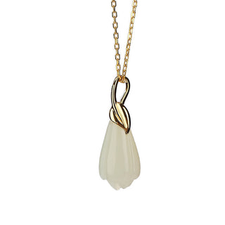 Buddha Gift 925 Sterling Silver Plated Gold Natural Hetian Jade Magnolia Flower Abundance Necklace Pendant