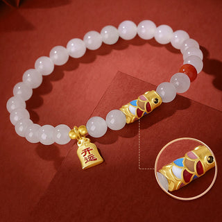 Buddha Gift 925 Sterling Silver Hetian White Jade Red Agate Koi Fish Luck Happiness Bracelet